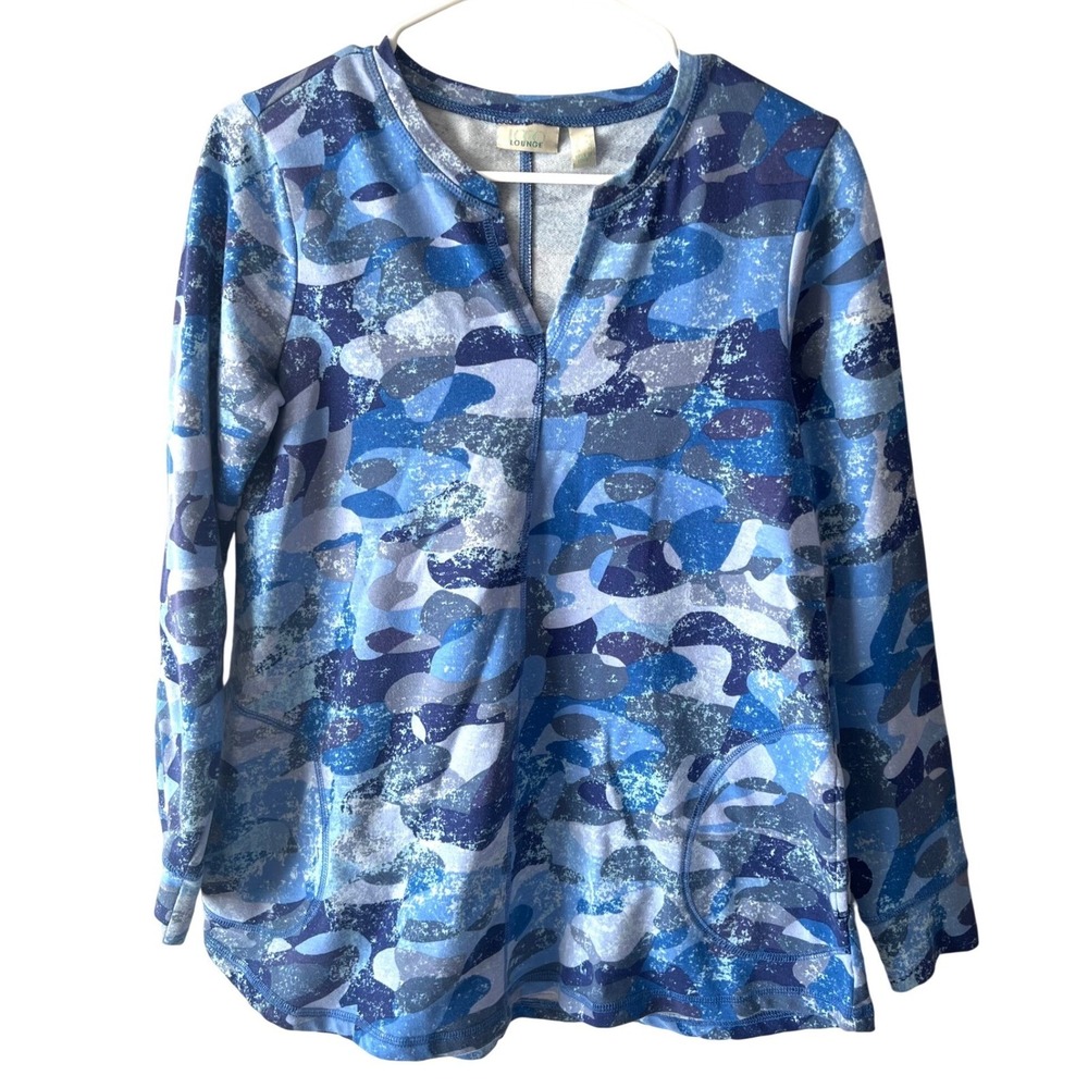 LOGO Lounge Blue Abstract Print Top Size XS Long Sleeves Pockets Athleisure